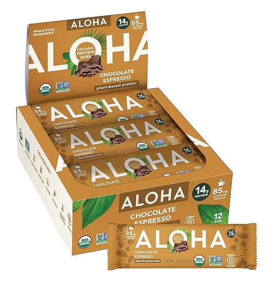 ALOHA Organic Plant Based Protein Bars - Chocolate Espresso (85mg Caffeine) - 12 Bars, Vegan, Low Sugar, Gluten-Free, Paleo, Low Carb, Non-GMO, No Stevia, No Erythritol