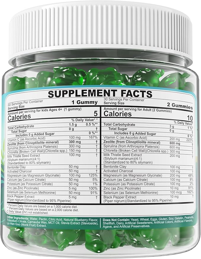 Zeolite Detox for kids & Adult-Sugar Free Zeolite Detox Gummies with Spirulina, Chlorella, Milk Thistle, Magnesium Glycinate, Calcium Citrate for Energy, Focus, Digestive, Immune, Antioxidant - 120Cts