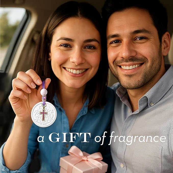 Luxury Car Air Freshener for Women - Refillable & Portable Essential Oil Fragrance Diffuser - Cute Car Accessories & Interior Decor - Mirror Hanging or Vent Clips - Rubies Cross Charm, Rose Scent