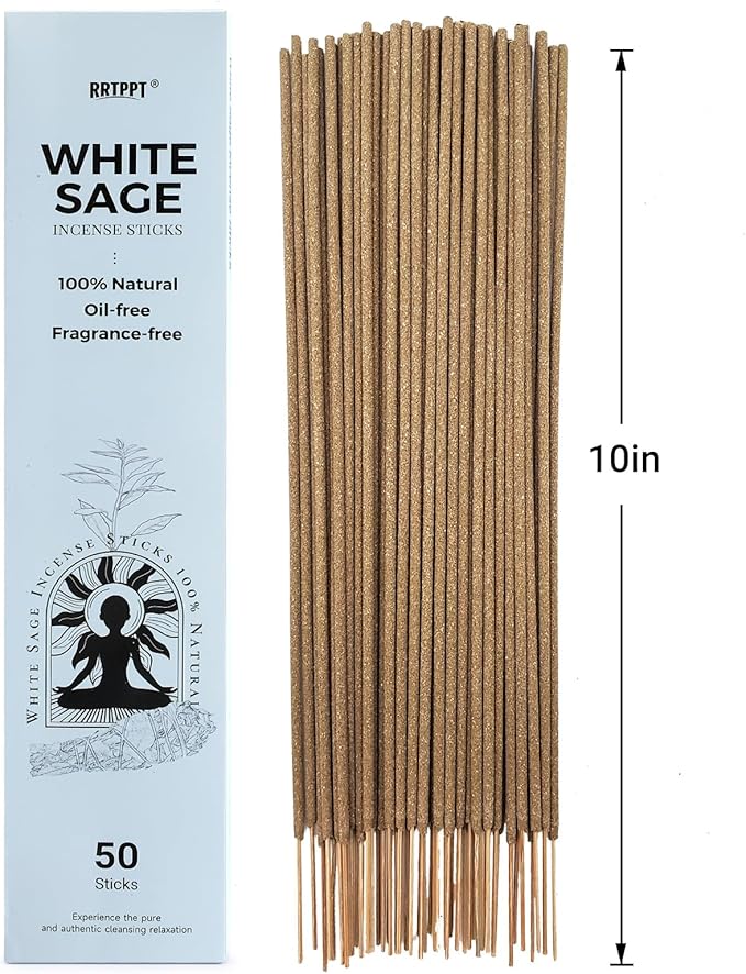 White Sage Incense Sticks (50 Sticks), 100% Natural sustainably harvested White Sage, Suitable for Yoga, Meditation, Relaxation, and Spiritual Purification
