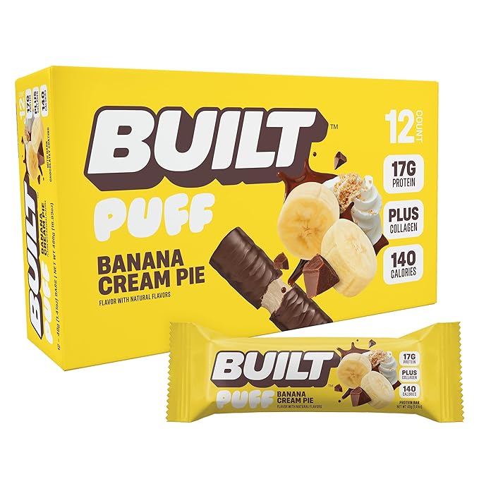 Built Bar, Puff Protein Bars, Banana Cream Pie Puff, 17g Protein Snacks, On-The-Go Bars, Only 140 Calories, 6g Sugar, Collagen, Gluten Free, 12 Count