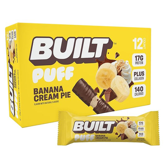 Built Bar, Puff Protein Bars, Banana Cream Pie Puff, 17g Protein Snacks, On-The-Go Bars, Only 140 Calories, 6g Sugar, Collagen, Gluten Free, 12 Count