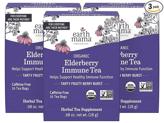 Earth Mama Organic Elderberry Immune Support Tea with Echinacea | Safe for Pregnancy, Breastfeeding, Postpartum, Kids and Family Essentials, Decaf Tea with Ginger & Rooibos (16-Count, 3-PK)