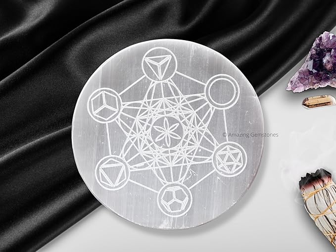 Amazing Gemstone Selenite Crystal Charging Plate For Crystals And Healing Stones, 3" Selenite Crystal Plate Engraved Metatron Platonic Solid Coaster For Home, Office Table Decor (Selenite Round Disc)