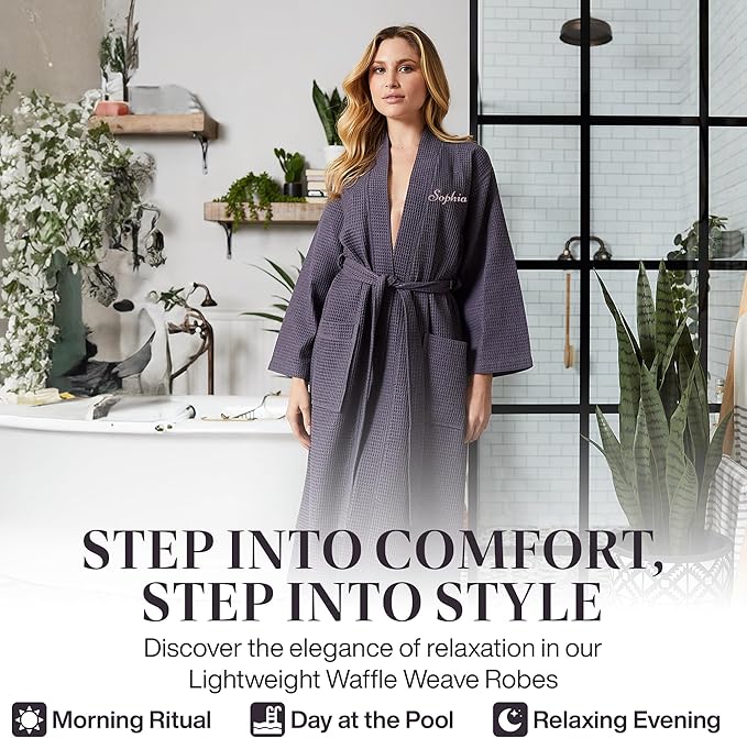 Lotus Linen Waffle Robes for Women - Lightweight Cotton Kimono Bathrobe - Long Soft Spa Bath Robe