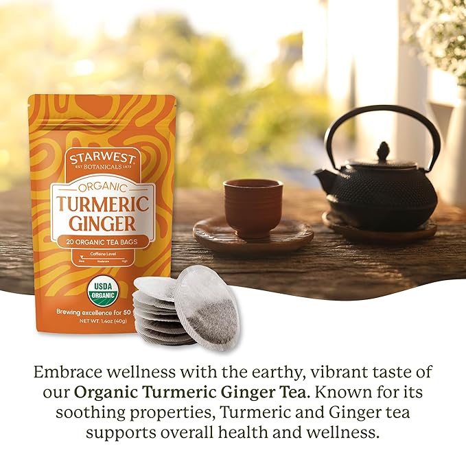 Starwest Botanicals Organic Turmeric Ginger Tea - Caffeine Free Herbal Tea with Turmeric, Cinnamon, & Ginger, Tea with Antioxidant Properties, String Free Sachets, Non GMO - 20 Tea Bags