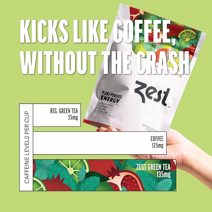 Zest Energy Green Tea - Pomegranate Mojito Loose Leaf Blend - High Caffeine Peppermint - Caffeinated Coffee Substitute - Natural, Non-GMO & Keto Friendly - Hot or Iced - 50 Servings - 135mg Caf