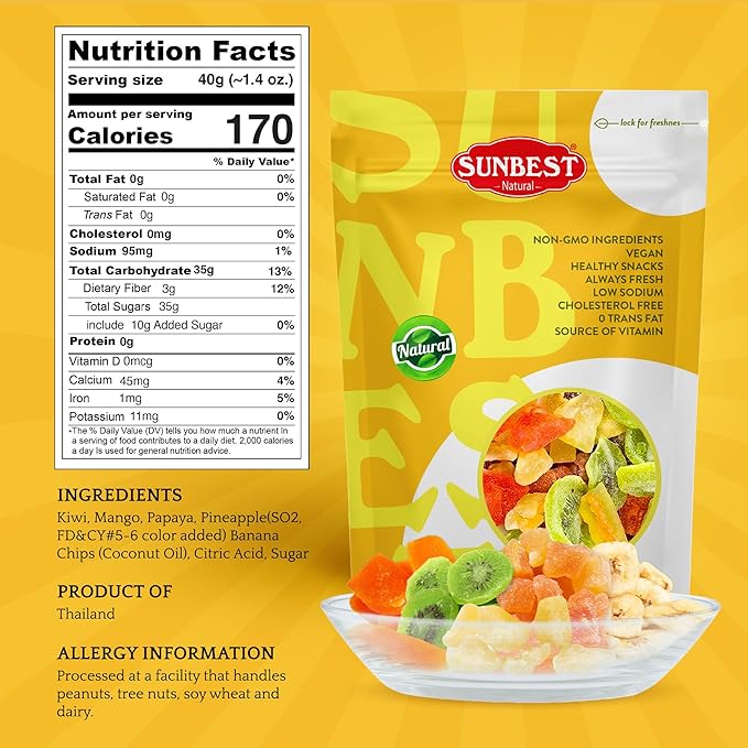 Sunbest Natural Tropical Dried Fruit Mix – 3 lb Bulk Bag (48 oz) – Mango, Pineapple, Papaya, Banana & Kiwi – Non-GMO, Vegan, Gluten-Free – Healthy Dried Fruit Snacks, Mixed Fruit for Baking & Cooking