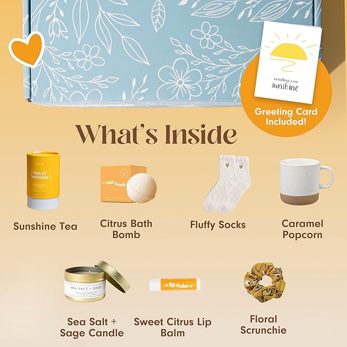 Unboxme Sunshine Gift For Women | Self Care Package with organic herbal tea, fluffy cloud socks, ceramic mug, citrus bath bomb , beeswax lip balm, a fun floral scrunchie + a sending hugs card