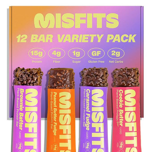 Misfits Protein Bars - High Protein Candy Bars | Gluten Free Plant Based, Low Sugar & Carb, High Fiber Snacks | Variety Pack of 12 (4 Flavors)