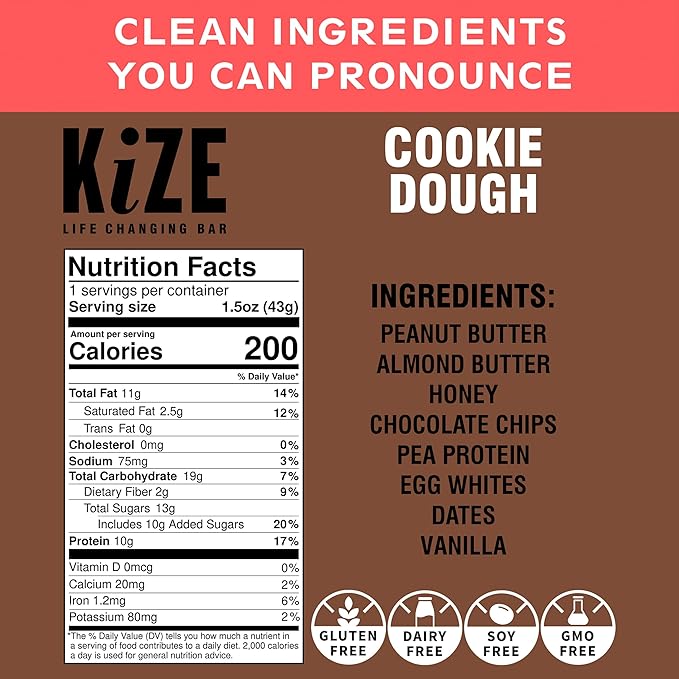 KiZE Energy Bars - Cookie Dough - 20-Count - Gluten Free, Dairy Free, Non-GMO, and High Protein Meal Replacement Energy Bars, Clean and Simple Food Ingredients - 10g High Protein Snacks (20 Count)