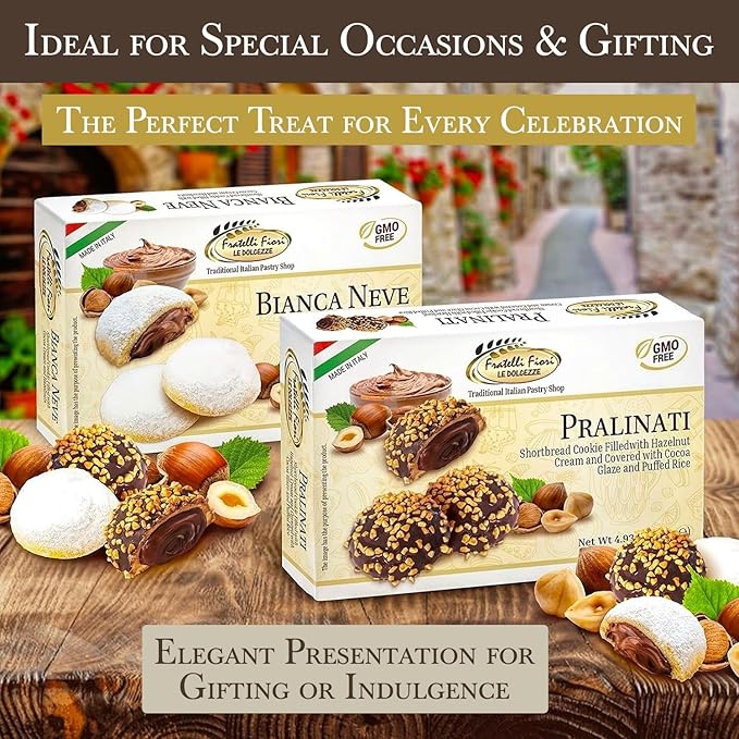 Fratelli Fiori Biancaneve Snow White Soft Cookies - Luxurious Italian Dessert with Rich Hazelnut Filling - Buttery Shortcrust Pastry Ideal for Festive Occasions & Gifts 140g/4.94oz