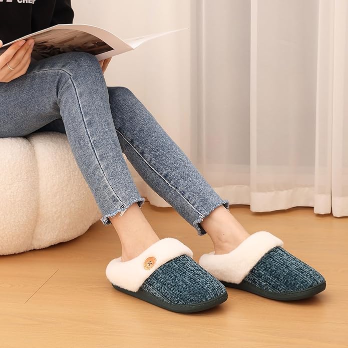 Evshine Warm Knit House Slippers for Women Comfy Wool-Like Lined Chenille Slippers with Memory Foam and Indoor Outdoor Soles