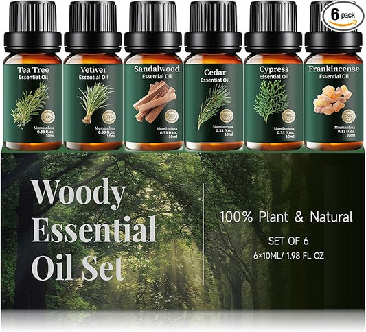 Woody Essential Oils Set Pure, Mumianhua Sandalwood, Cedar, Tea Tree, Cypress, Frankincense, Vetiver - Natural Classic Woody Aromatherapy Meditation Set for Diffuser, Candle & Soap Making Gift 6x10ml