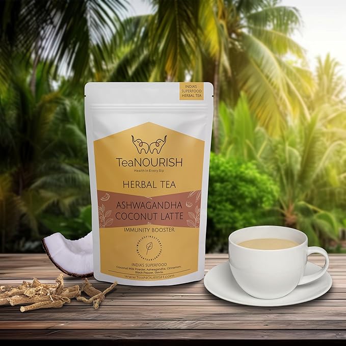 TeaNOURISH Ashwagandha Coconut Latte | CAFFEINE-FREE Herbal Tea | Indian Superfoods Ashwagandha & Coconut | Relieves Stress and Supports Immunity | 100% NATURAL - 3.53oz/100g