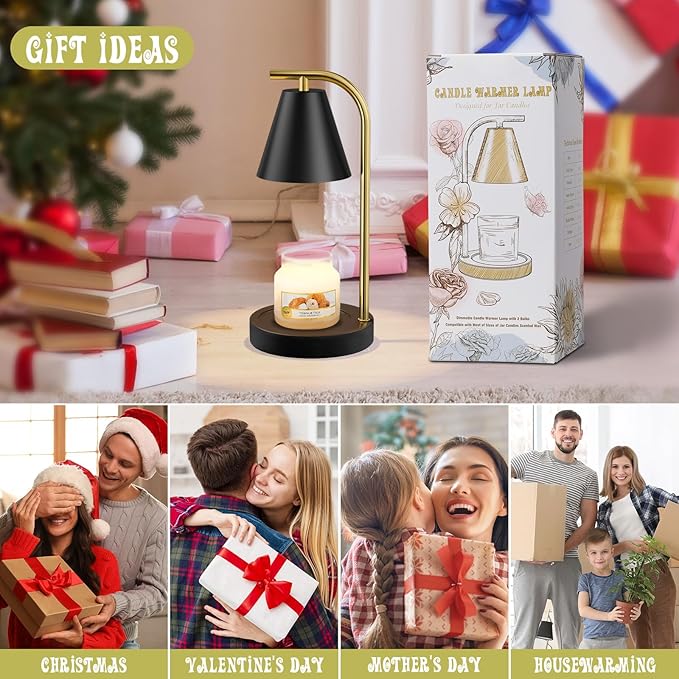 Black and Gold Candle Warmer, Candle Warmer Lamp with Timer,Electric Candle Lamp Warmer for Scented Wax with 2 Bulbs,House Warming Gifts New Home&Gifts for Women, Candle Lamp for Jar Candles