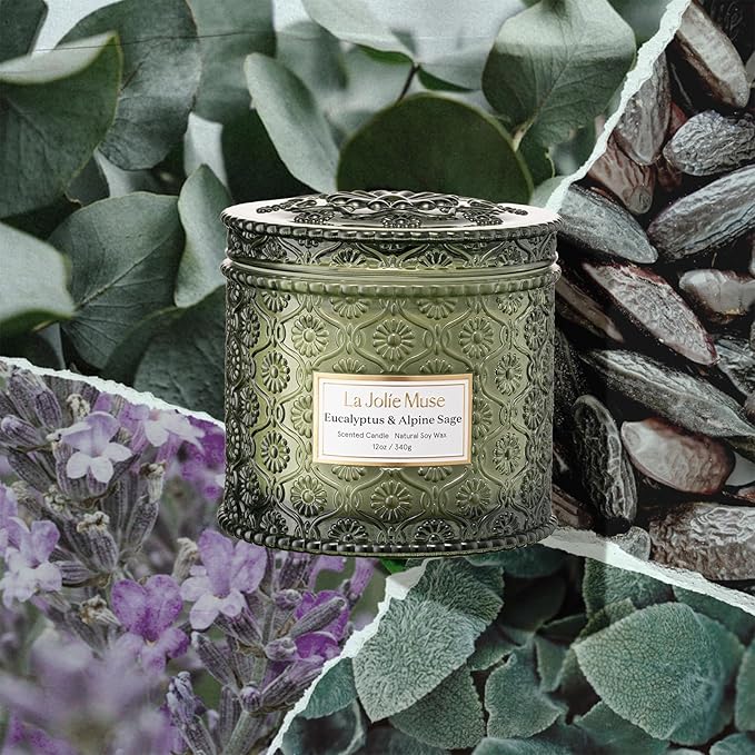 LA JOLIE MUSE Eucalyptus & Alpine Sage Candle - Eucalyptus, Sage, Lavender | 12 oz Large 2-Wick Soy Wax Candle | 60 Hours Clean Burn | Aromatherapy Candle | Gift-Ready for Hosts & Gatherings