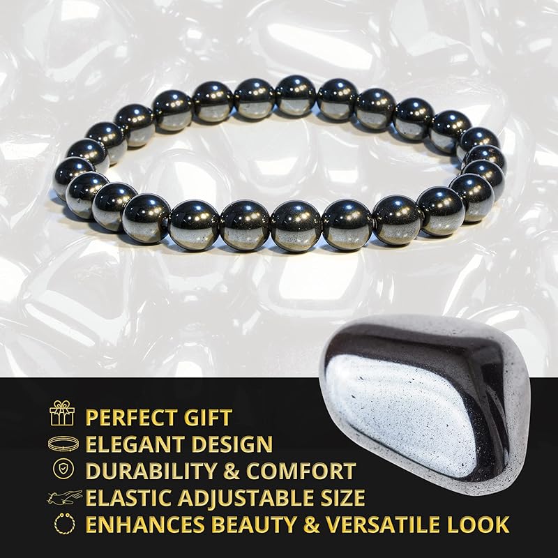 Hematite Crystal Bracelet – Healing Crystal Bracelet for Women and Men – 8mm Round Beaded Bracelet for Anxiety Relief – Elastic Adjustable Size Bead Calming Bracelet