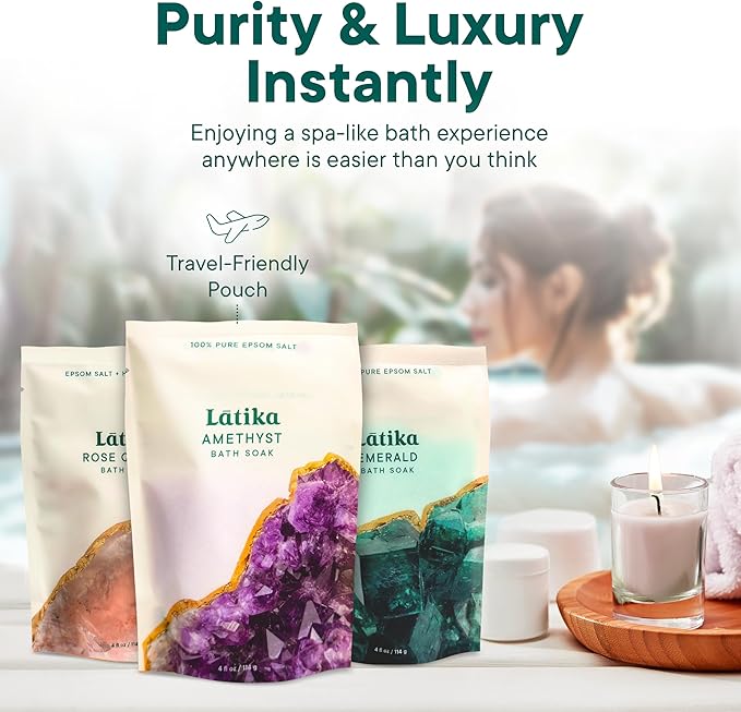 Latika Geode-Inspired Bath Soak Set of 3 - Amethyst, Rose Quartz & Emerald with Essential Oils & Epsom Salt - Sandalwood, Lavender, Sage & Eucalyptus for Stress Relief, Muscle Recovery & Skin Care