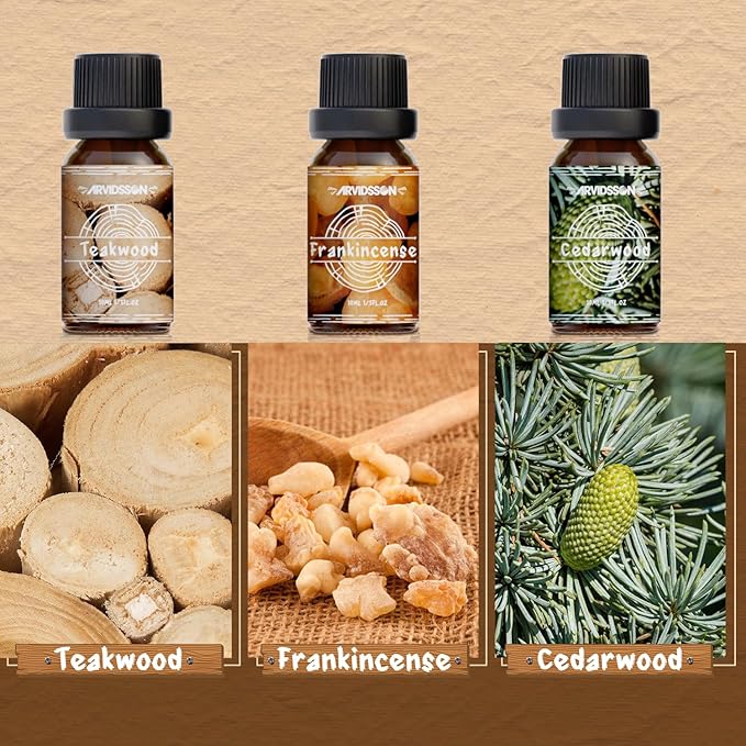 Woody Essential Oils Set, ARVIDSSON Woodsy Fragrance Oil for Candle Making, Sandalwood, Leather, Teakwood, Frankincense, Cedarwood, Pine, Diffuser Essential Oil for Men and Women