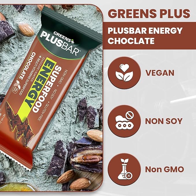 Greens+ Plusbar Energy Chocolate | Gluten Free Energy Bar | Organic Greens | Organic Dark Chocolate | Non GMO | 12 Bars