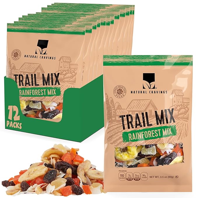 Natural Cravings Trail Mix Snack Dried Fruit Mix & Nuts Mix with Chocolate Chips, Peanuts, Cranberries, Raisins, Walnuts, Tropical Fruits (12 Pack, Rainforest Mix)