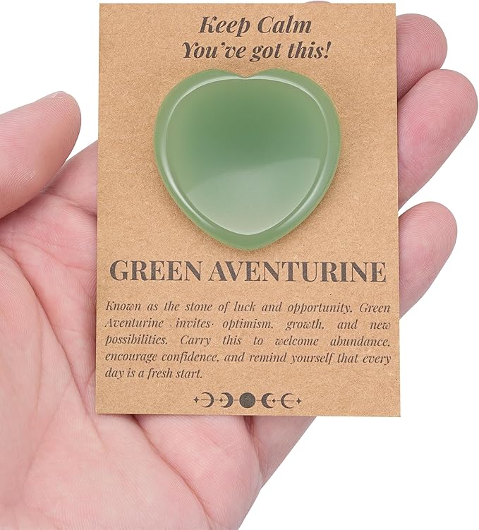 QianCannaor Green Aventurine Heart Shaped Worry Stone for Adults ⢠Crystals and Healing Stones for Anxiety, Stress Relief, Meditation & Keep Calm ⢠Pocket Palm Stone with Affirmation Card