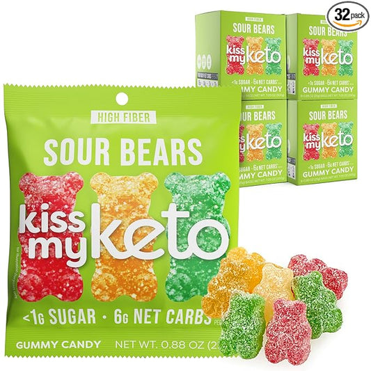 Kiss My Keto Sour Sugar Free Gummy Bears, 32-Pack – Satisfy Cravings while Staying in Ketosis – High Fiber, 6g Net Carbs, Non-GMO, Vegan, & No Gluten – Fruity Sugar Free Gummies