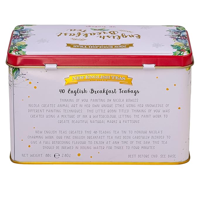 New English Teas Christmas Robin Tea Tin with 40 English Breakfast Teabags