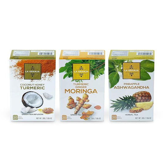 Premium 3 Flavor Herbal Tea Gift Set Variety Sampler 60 Bags Turmeric Ginger, Coconut Honey Turmeric, Pineapple Ashwagandha Sugar Free Zero Calories