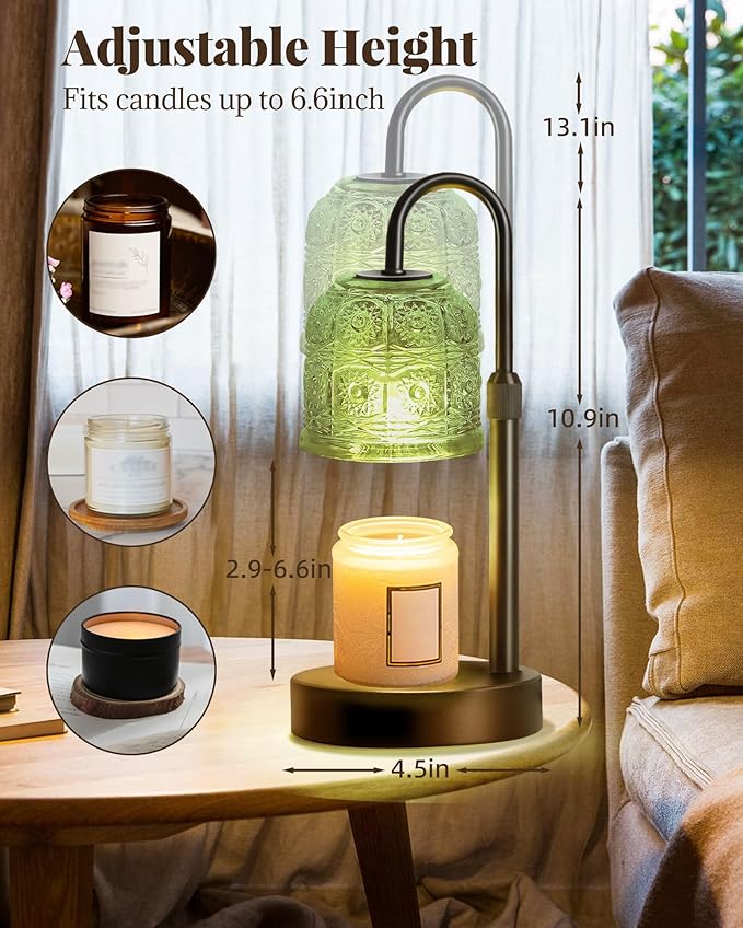 Dimmable Candle Warmer Lamp with Timer Adjustable Height, Birthday Gifts for Women, Home Decor House Warming Gifts for Mom, Modern Electric Wax Melt Warmer for Scented Jar Candles, Green
