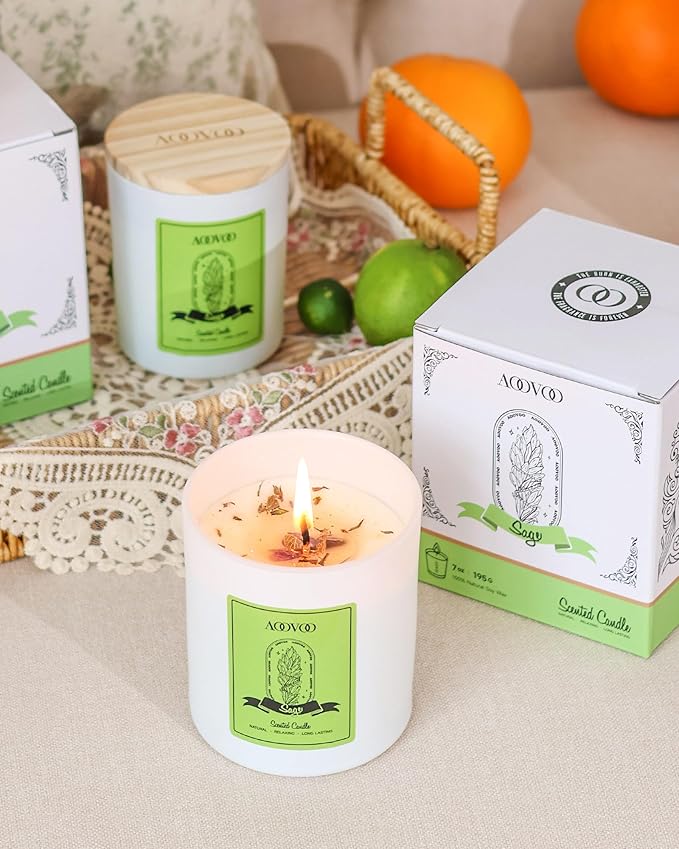 AOOVOO Sage Scented Candles for Women - Aromatherapy Candle with Crystals Inside, 10oz Soy Candles for Home Scented, Birthday Gifts Mothers Day Candle for Women Mom