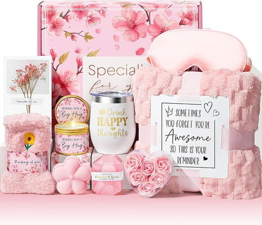 Birthday Gifts for Women Self Care Gift, Cherry Blossom Relaxing Spa Gift Baskets Bath Set Get Well Soon Care Package Christmas Mom Gifts for Wome Sister Friend Wife Grandma w/ Blanket
