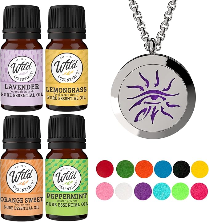 Wild Essentials Wisdom Eye Necklace Essential Oil Diffuser Kit with Lavender, Lemongrass, Peppermint, Orange Oils, 12 Refill Pads, Calming Aromatherapy Gift Set, Customizable Color Changing, Perfume