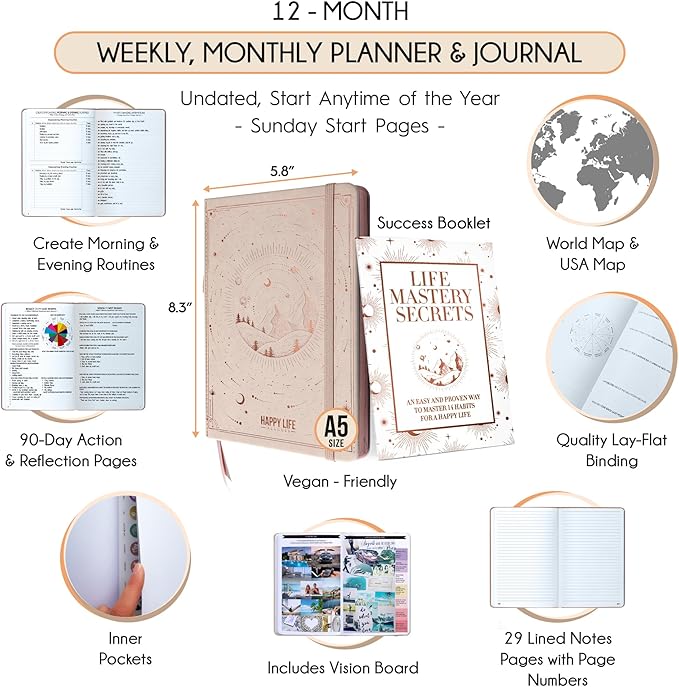 Life Mastery Planner - A 12 Month Journey to Crush Your Goals, Increase Productivity, Passion, Success & Happiness - Weekly & Monthly Life Planner, Habit-Tracker, Gratitude Journal & Organizer, A5