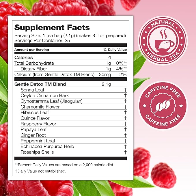 Total Tea SIimming Detox Tea Caffeine Free - 25 Day Detox - Herbal Tea with Chamomile, Hibiscus Tea & Ginger Root for Colon Cleanse – Natural Raspberry Herbal Tea