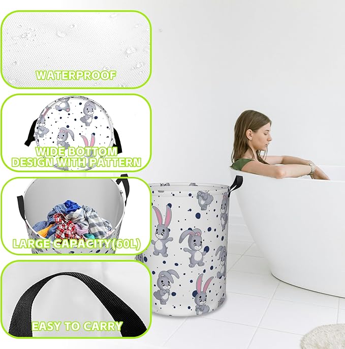 Laundry Basket Cartoon Rabbits Laundry Hamper Large Laundry Basket Storage Basket Tote Bag Collapsible Organizer Basket for Bathroom,Laundry,Bedroom 17.3 x16.5 Inch