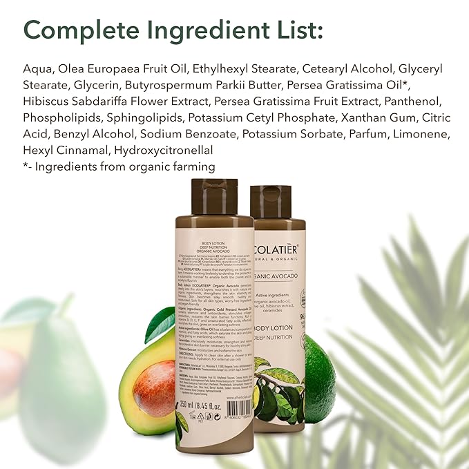 Body Lotion with Organic Avocado – Deep Nutrition, 96.3% Natural, Vegan Moisturizer with Avocado & Olive Oils, Hydrating Lotion for Dry Skin, 8.5 Fl Oz - ECOLATIER