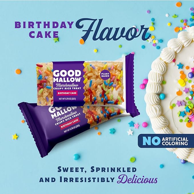 GoodMallow Vegan Rice Crispy Treats Individually Wrapped Box of 8, Kosher Vegan Snacks, Gluten Free Dairy Free Snacks for Kids & Adults - Healthy Sweets Made with Gourmet Marshmallows (Birthday Cake)