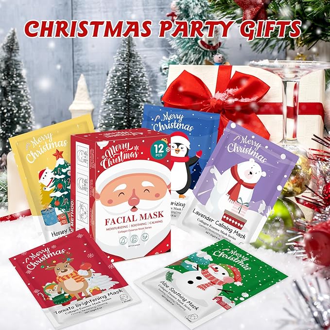 12 Pack Christmas Stocking Stuffers Facial Masks, Sheet Face Masks Skincare, Hydrating Facial Masks Set for Women Skin Care, Bulk Christmas Gifts for Women