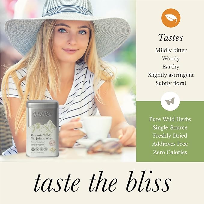 Wild Bliss Organic St Johns Wort Tea - Caffeine Free Mood Balance Support Herbal Tea - Pharmacopoeia Potency - Loose Leaf 3.52 Oz - 50 Servings