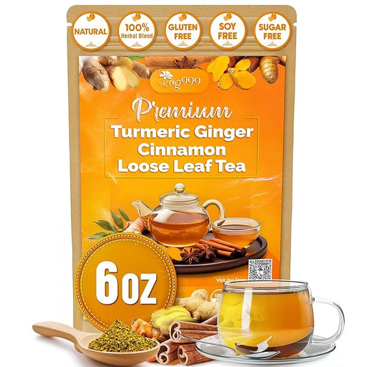 TOG999, Premium 6oz/100 cups Ginger Turmeric Cinnamon Loose Leaf Herbal Tea. Improve Digestion, Support Brain, Weight, Skin and Sleep. Premium Quality Spiced Blend. No Sugar, No Caffeine, No Gluten, Vegan.