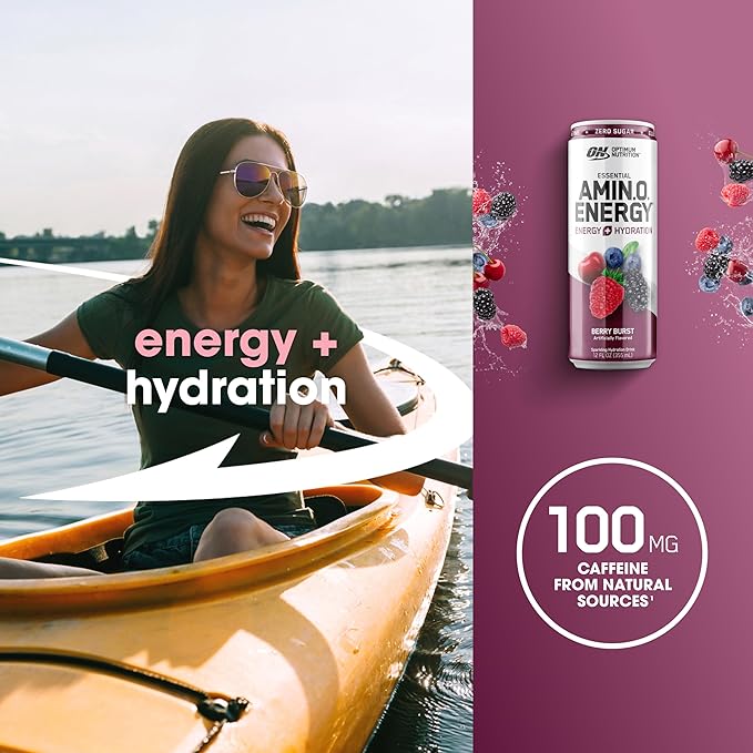 Optimum Nutrition Amino Energy Sparkling Hydration Drink, Electrolytes, Caffeine, Amino Acids, BCAAs, Sugar Free, Berry Burst, 12 Fl Oz, 12 Pack