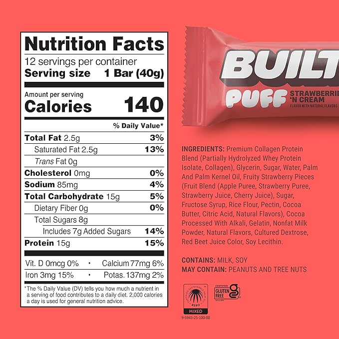 Built Bar, Puff Protein Bars, Strawberries 'N Cream Puff, 15g Protein Snacks, On-The-Go Bars, Only 140 Calories, 8g Sugar, Collagen, Gluten Free, 12 Count