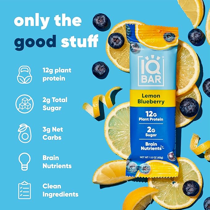 IQBAR Brain and Body Plant Protein Bars - Lemon Blueberry - 12-Count - Keto, Vegan, Low Carb, High Fiber, Gluten Free, Dairy Free, Low Sugar Snack with Nutrients for Focus, Energy, Meal Replacement