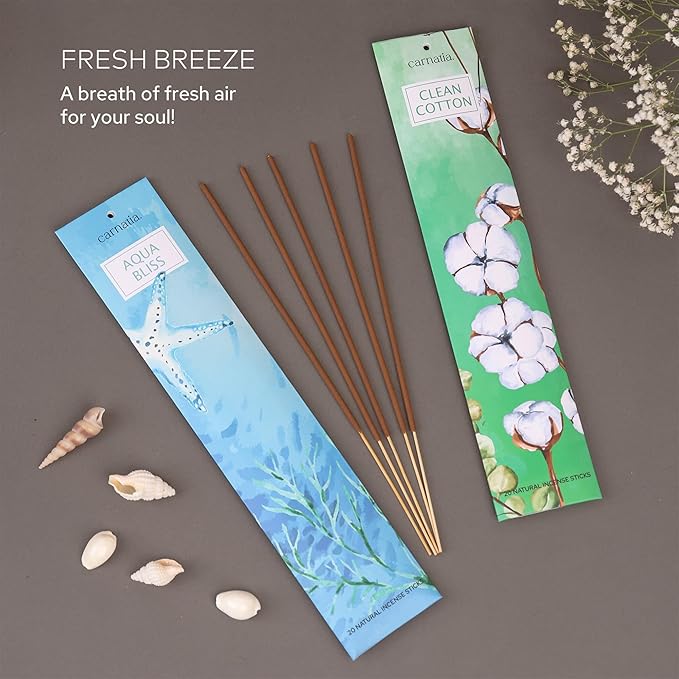 Carnatia Fresh Breeze Incense Sticks – Set of 2 Fresh, Long-Lasting Aromas for Your Home | Unwind with Clean Cotton & Aqua Bliss Scents | Natural, Sustainable Incense for Everyday Calm!