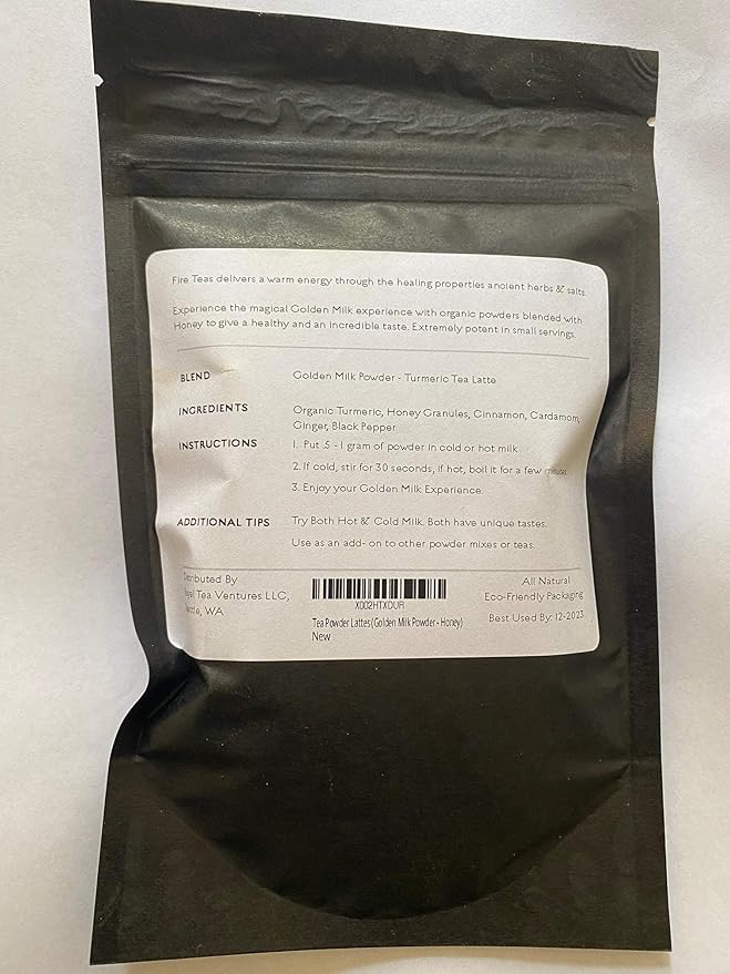 FIRE TEAS Golden Milk SUPERFOOD Powder - Organic Turmeric (Curcumin), Honey, Cardamom, Ginger, Cinnamon, Black Pepper - Relaxing, Naturally Sweet, Delicious Adaptogen, Coffee Alternative, Helps Sleep
