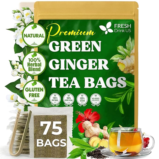 FreshDrinkUS, Premium Green Ginger Tea | 135 Tea Bags | Sencha Green Tea with Ginger, Lemongrass, Turmeric, Hibiscus & Peppermint | Natural Herbal Blend | Comfort & Refreshing, Vegan