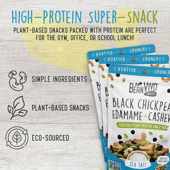 BeanVIVO Healthy Snacks for Adults & Kids with 7g Protein & 5g Fiber per Serving with Dried Edamame, Roasted Cashew and Chickpeas - Vegan & Gluten Free - Keto Friendly & Non-GMO - 3-Pack (4.5 oz Each Pouch)
