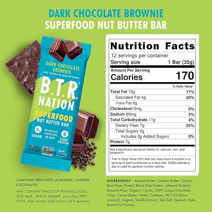 B.T.R. Nation Vegan Keto Superfood Protein Bars - Brownie RECHARGE | 4 Bars | Low Carb, Plant Based, and Gluten Free, Free of Sugar Alcohols and Boosted with Powerful Superfoods!